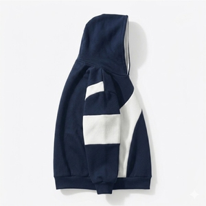 Sweat à capuche épais personnalisé en molleton, bleu marine et blanc, avec empiècements en spirale, coupé-cousu, style streetwear pour hommes - Product Image 3