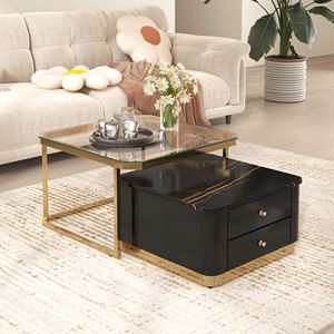 Modern 2-Piece <b>Nesting</b> Coffee <b>Table</b> Set with Drawers 27.6" Electroplated Gold Legs - Product Image 1