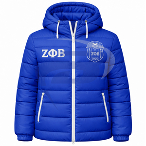 เสื้อแจ็คเก็ตพัฟเฟอร์สีน้ำเงินแบบมีฮู้ดสำหรับฤดูหนาวของชมรมเซต้า ฟี เบต้า (ZPB) พร้อมโลโก้ด้านหน้าแบบกำหนดเองของชมรมกรีก ZPB - Product Image 1