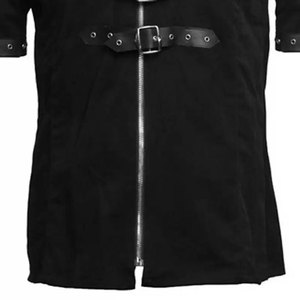 Chemise noire gothique pour homme sur mesure, manches courtes, style punk rock, fermeture éclair sur le devant, sangle à boucle, chemises en denim de coton pour homme - Product Image 5