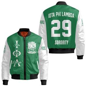 Blouson Bomber Universitaire Personnalisé pour Femme Iota Phi Lambda, Mélange Vert et Blanc, avec Écusson à Lettres Grecques et Fermeture Éclair au Dos - Product Image 3