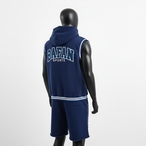 Ensemble short et sweat à capuche sans manches pour homme 100% coton, molleton de coton premium, bleu marine, broderie appliquée, logo personnalisé - Product Image 5