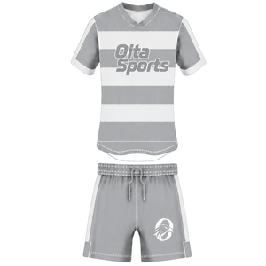 <b>Light</b> Grey White Short Sleeve Rugby Uniform Set Crew <b>Neck</b> Striped Rugby Jersey Drawstring Shorts Athletic Performance Training - Product Image 1