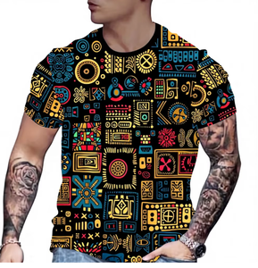 T-shirt à manches courtes pour homme, motif géométrique, col rond, vêtement décontracté, design imprimé, coupe régulière, tissu tissé en polyester - Product Image 1