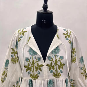 Naaz Textile - Blusa Formal de Algodón 100% Ecológico con Estampado Floral Hecho a Mano, Cuello en V, Manga 3/4, Volantes de Encaje y Dobladillo con Volantes, Lavable - Product Image 2