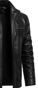 Blouson moto en cuir noir pour homme, col montant, fermeture éclair, coupe ajustée, pour l'automne - Product Image 3