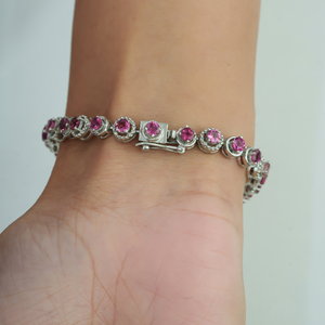 925 Sterling Silver 100% Authentic Pink Tourmaline <b>Gemstone</b> & Halo Diamond Tennis <b>Bracelet</b> Wholesale Price - Product Image 4