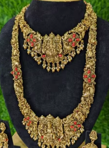 Conjunto de Joyería Nupcial de Siete Capas Chapado en Oro del Sur de la India, con Moissanita, Hecho a Mano, Collar de la Diosa Lakshmi para Boda - Product Image 2