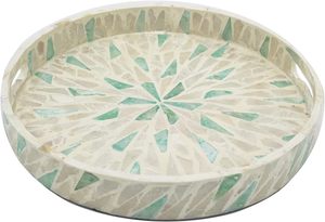 Plateau de service rond en nacre avec poignées - Plateau décoratif en nacre incrustée fait main pour table basse, ottoman et cuisine - Product Image 2