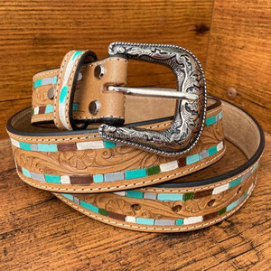 เข็มขัดลายดอกไม้ทำด้วยมือสำหรับผู้ชายและผู้หญิงเข็มขัดหนังวัวแท้แบบปรับได้ - Product Image 4