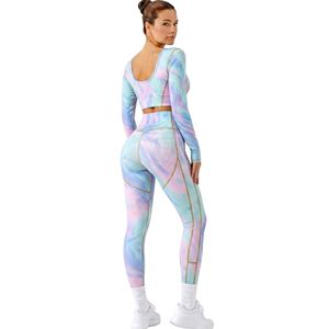 Pastel <b>Tie</b> <b>Dye</b> Line Accent Yoga <b>Set</b> Long Sleeve Crop Top High Waisted Leggings Quick Dry Activewear Women Yoga Wear - Product Image 2