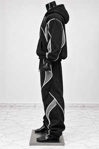 Men's Autumn Beaded Black Hooded Full-<b>Zip</b> Loose Fit Streetwear Tracksuit <b>Sweatshirt</b> and Pants Set with White and Gray Stripe - Product Image 4