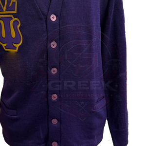 custom fraternity omega OPP <b>cardigan</b> sweater acrylic knitted V-neck purple men's sweater embroidery Greek letter button up front - Product Image 2