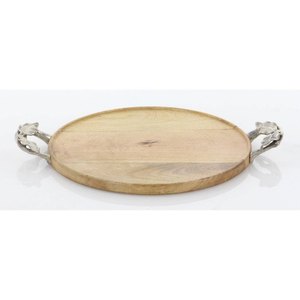 Plateau de service en bois artisanal avec poignées en métal décorées de feuilles argentées, idéal pour les fournitures de fête, les collations ou la présentation de fruits secs - Product Image 5