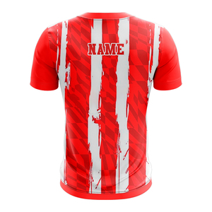 T-shirt sportif à manches courtes pour homme, rayé rouge et blanc, impression par sublimation, séchage rapide, polyester tricoté, coupe classique, col rond - Product Image 4