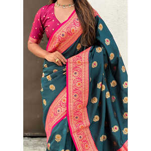 Sari en soie douce avec motif tissé Meenakari Zari Butta Tournesol, Robe de soirée en denim au style unique - Product Image 4