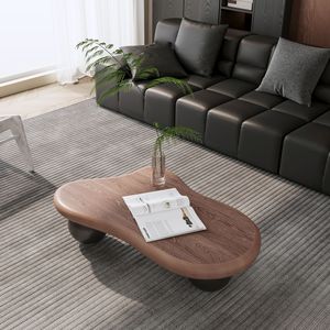 Tavolino da Caffè a Forma di Nuvola da 40 Pollici con Piano in Noce e 3 Gambe a Sfera Nere per Soggiorno - Product Image 4