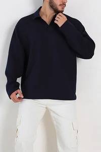 Suéter Polo de Manga Larga Azul Marino para Hombre, Color Sólido, Ropa Casual para Hombre - Product Image 2