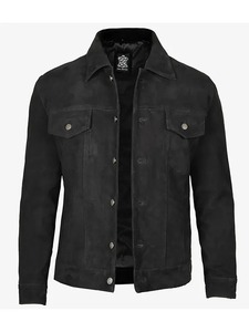 <b>Men</b>’s Black <b>Suede</b> Trucker <b>Jacket</b> Premium Genuine <b>Suede</b> Leather Vintage Casual <b>Jacket</b> - Product Image 1