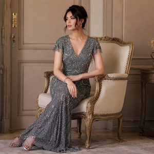 Luxury Grey Beaded Evening Gown for Women Deep V Neck <b>Sequin</b> Party Dress Elegant Wedding Reception Formal Maxi Evening Wear - Product Image 4