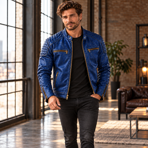 Chaqueta de Cuero Genuino Azul para Hombre, Estilo Café Racer, para Invierno, con Hombros Acolchados Texturizados, Cremalleras de Latón, Puños con Cremallera, Cuello Alto, Seda - Product Image 4