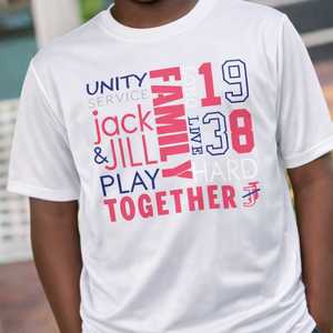 เสื้อยืดแจ็คแอนด์จิล ยูธ ดริฟิตสีขาว ดีไซน์ Family Unity and Play Hard ตั้งแต่ปี 1938 เสื้อยืดลำลองสำหรับเด็ก - Product Image 5