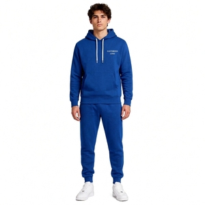 Ensemble de survêtement bleu à capuche pour homme, manches longues, couleur unie, tenue décontractée avec logo imprimé sur le devant, matière en coton respirant, style automne - Product Image 1