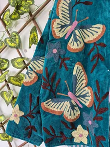 Premium Teal <b>Velvet</b> Suzani Embroidery <b>Jacket</b> With Butterfly Print Full Sleeve Stand Collar Boho Chic Women's Autumn Coat - Product Image 6
