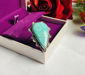 Anillo fino de Plata de Ley 925 Unisex, ajuste de bisel clásico, piedra preciosa turquesa de corte de pera para boda, compromiso, fiesta, aniversario - Product Image 2