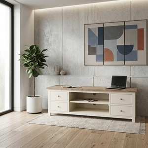Meuble de salon en bois massif, buffet moderne style farmhouse, credenza bicolore avec base blanche et 4 tiroirs, meuble de rangement multimédia - Product Image 3