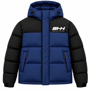 Men's <b>Navy</b> Blue Black Hooded Puffer <b>Jacket</b> Color Block <b>Padded</b> Winter Coat with Zip Pockets Custom OEM Wholesale Outerwear - Product Image 1