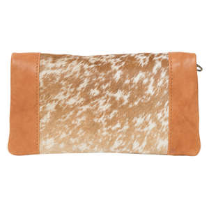 Bolso de Mano para Mujer, Piel Vacuna Genuina, Suave, Plegable, Color Bronceado y Blanco, con Cierre de Cremallera, Botón y Adornos de Borlas, Logotipo Personalizable - Product Image 1