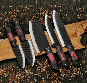 Ensemble de cuisine écologique 5 pièces en acier Damas et acier au carbone fait main, avec étui en cuir véritable, comprenant couteau de chef, hachoir, couteau à steak et couteau à fruits - Product Image 4