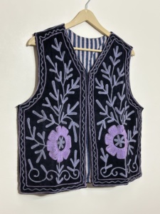 Handmade 100% Cotton Velvet Breathable Vintage Boho Unisex Ethnic Sleeveless Floral Embroidery Open Front Indian All Season <b>Vest</b> - Product Image 2