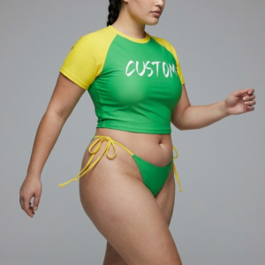 Ensemble bikini vert et jaune grande taille pour femme, haut court, string à nouer sur les côtés, maillot de bain en spandex et polyester, imprimé personnalisé, col rond - Product Image 1