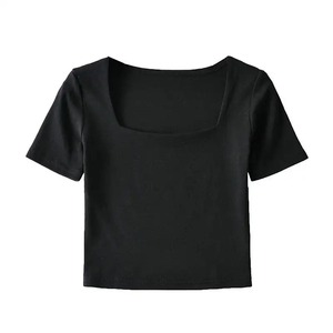 T-shirt court d'été pour femme, uni, à manches courtes, col montant, décontracté, respirant, anti-plis, haute qualité, 100% coton 305 g/m² - Product Image 4