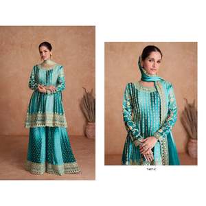 ATRACTIVO CHINON BORDADO SECUENCIA TRABAJO TOP PALAZZO CON DUPATTA SKY - Product Image 1