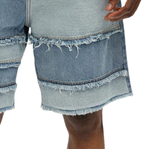 Shorts en jean bleu pour homme, style vintage, délavé, patchwork, bords bruts, décontracté, longueur genou, streetwear, mode, séchage rapide - Product Image 5