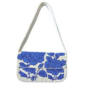 Blue Floral Beaded Shoulder Bag, Handmade Seed Bead Flower Purse, Blue and White Statement Handbag, Vintage Inspired Floral Summ - Product Image 1