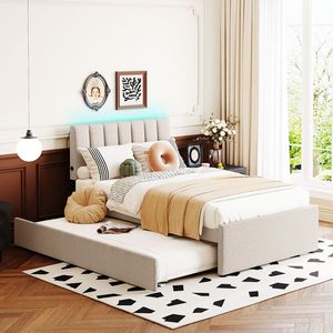 Cama de plataforma tapizada en felpa Teddy color beige, tamaño twin, con cama nido - Product Image 2