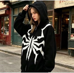 Sudadera Negra con Capucha y Cierre, con Estampado de Araña Blanca, Corte Regular, Unisex, Informal, de Felpa, 100% Algodón, Ecológica, para Otoño - Product Image 5