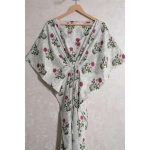 Caftán de Algodón con Estampado Artesanal para Mujer, Vestido Bohemio de Verano, Holgado, Ligero, para Playa o Descanso, Cintura Natural - Product Image 3