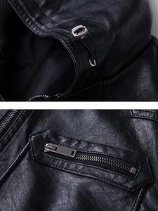 Men's <b>Black</b> Faux Leather Moto <b>Vest</b> Hooded Zipper Closure Solid Color Windproof Outerwear Regular Fit Autumn Style - Product Image 4
