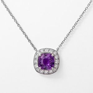 Stunning 14K White Gold Cushion Purple Sapphire and D G VS Diamond Halo Pendant Necklace Perfect for Bridal Styling and Parties - Product Image 5