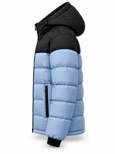 Men's Black And Light Blue Hooded Puffer <b>Jacket</b> Winter <b>Casual</b> Zipper Front Polyester Wadding Windproof Regular Fit - Product Image 3