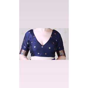 Blusas y Camisas de Seda Suave Tejida con Zari de Pavo Real Azul Metálico Banarasi de Elite Weaves para Mujer - Product Image 1