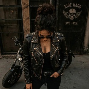 <b>Women</b> Black <b>Leather</b> Biker <b>Jacket</b> with Gold Studs – Punk Rock <b>Moto</b> Coat - Product Image 5