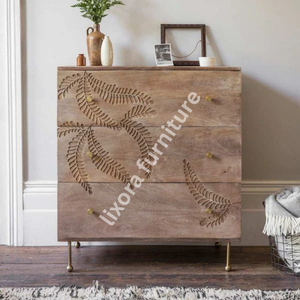 Commode de luxe artisanale en bois massif à 3 tiroirs, avec sculpture ornée en forme de feuille de fougère, finition en bois de manguier naturel - Product Image 4