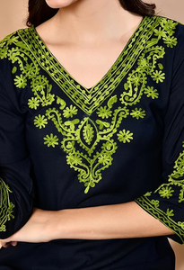 <b>Women's</b> <b>Navy</b> Blue Embroidered Cotton Kurta <b>Top</b> Regular Fit Midi Length Casual Wear India Pakistan Design All Seasons - Product Image 4