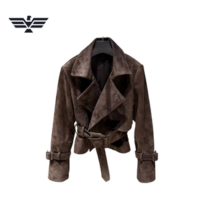 <b>Womens</b> Faux Suede Belted Biker Motorcycle <b>Jacket</b> Vintage Lapel Slim Fit Eco-Friendly <b>Lightweight</b> Custom OEM ODM Fashion - Product Image 1